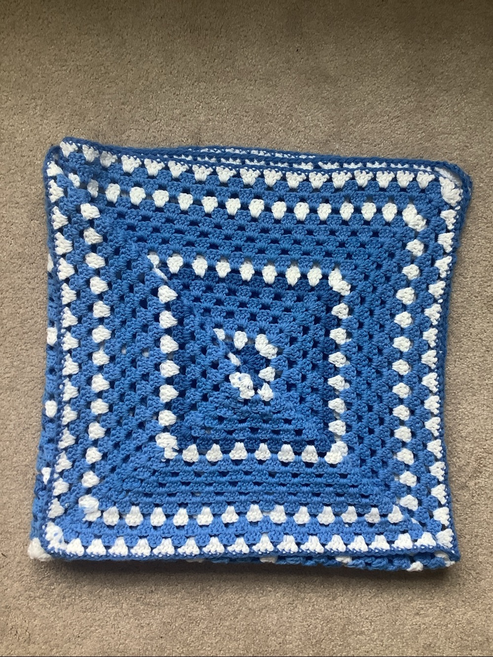 Vintage Retro Handmade Crochet Crocheted Knit Granny Square Lap Blanket Blue